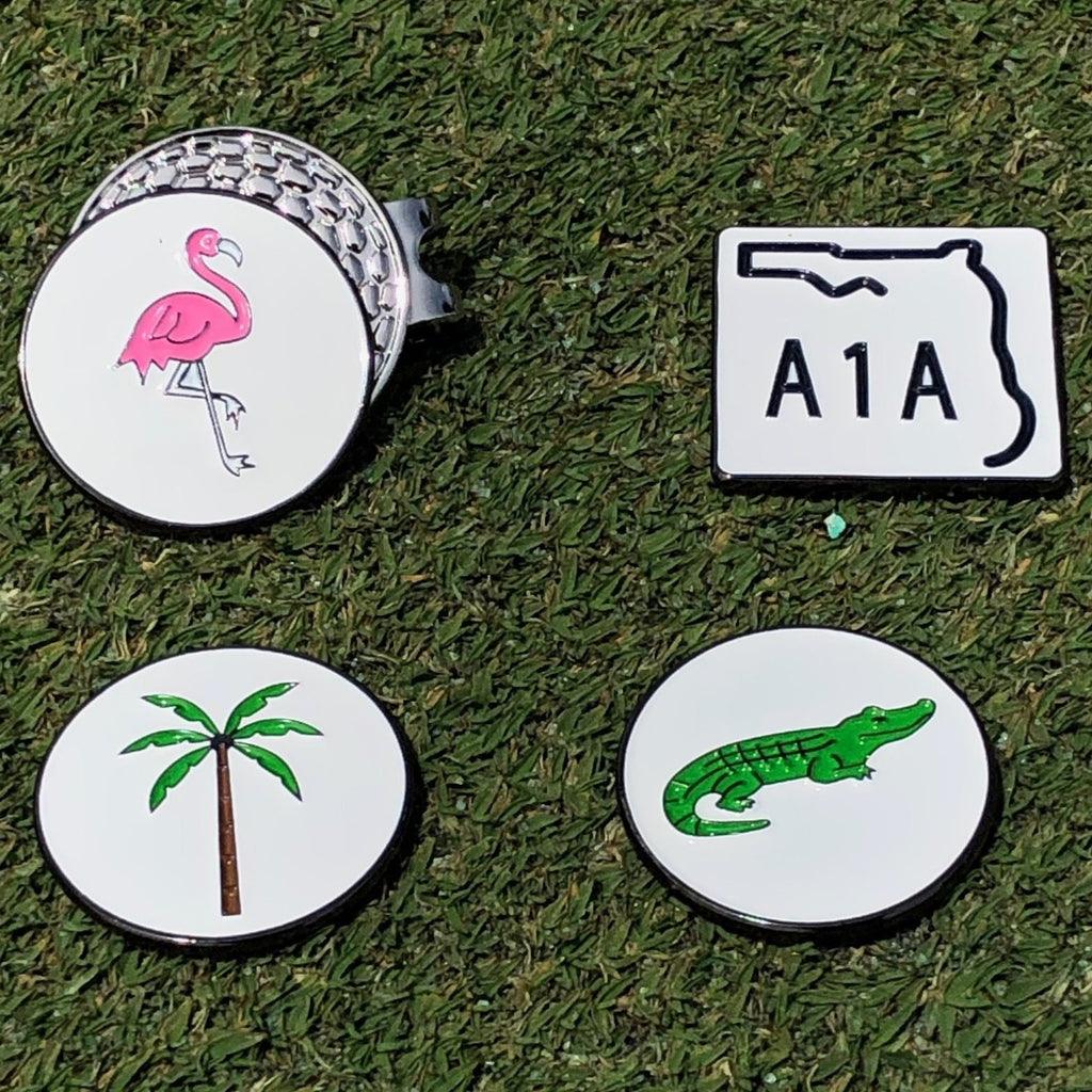 e9 golf "State of Mind" CA, FL and TX Golf Hat Clip Set with Four Ball Markers