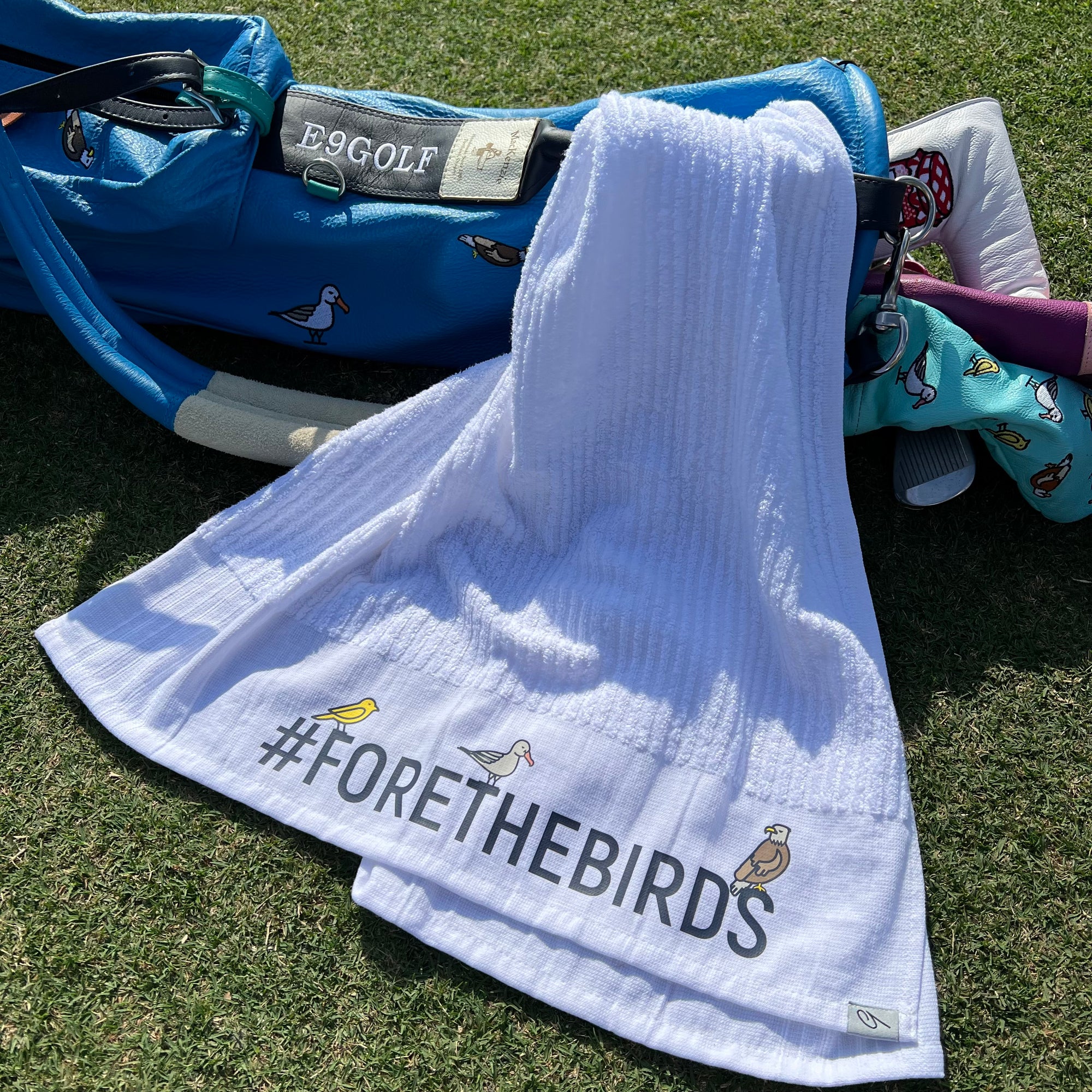"Fore The Birds" TOUR Caddie Golf Towel by e9 Golf e9.golf